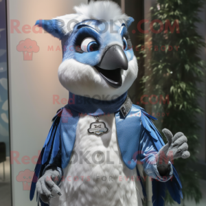 Silver Blue Jay mascot costume character dressed with a Vest and Earrings