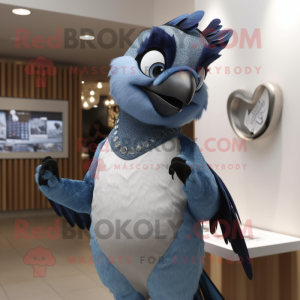 Silver Blue Jay mascot costume character dressed with a Vest and Earrings