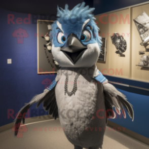 Silver Blue Jay mascot costume character dressed with a Vest and Earrings