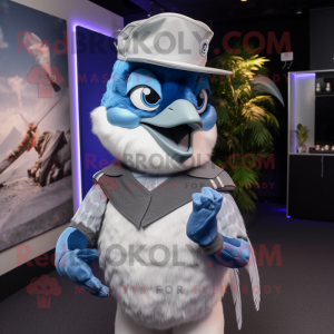 Silver Blue Jay mascot costume character dressed with a Vest and Earrings