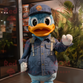 Navy Duck mascot costume character dressed with a Denim Shirt and Headbands