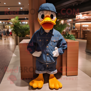 Navy Duck mascot costume character dressed with a Denim Shirt and Headbands