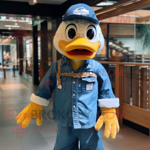 Navy Duck mascot costume character dressed with a Denim Shirt and Headbands