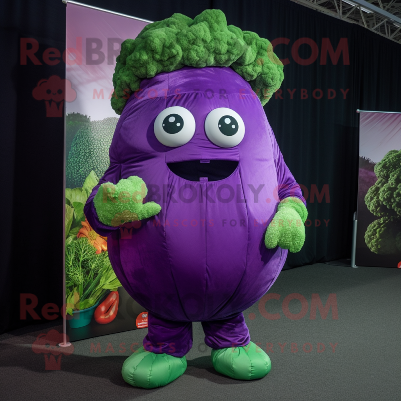 Purple Broccoli mascot costume character dressed with a Turtleneck and Scarves