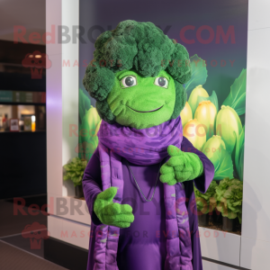 Purple Broccoli mascot costume character dressed with a Turtleneck and Scarves