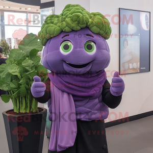 Purple Broccoli mascot costume character dressed with a Turtleneck and Scarves