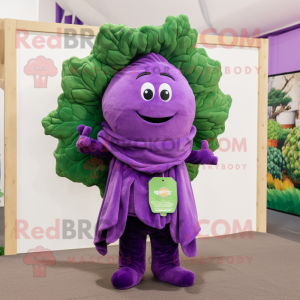 Purple Broccoli mascot costume character dressed with a Turtleneck and Scarves