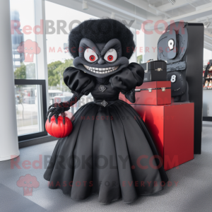 Black Vampire mascot costume character dressed with a Ball Gown and Briefcases
