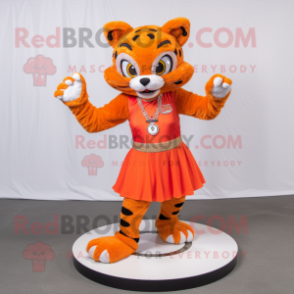 Orange Bobcat mascot costume character dressed with a Circle Skirt and Bracelets