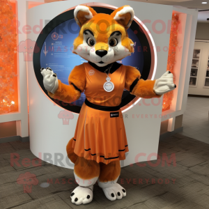 Orange Bobcat mascot costume character dressed with a Circle Skirt and Bracelets