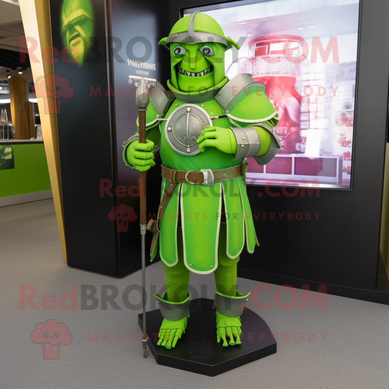 Lime Green Medieval Knight mascot costume character dressed with a Mini Skirt and Keychains