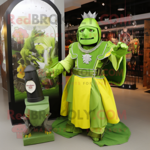 Lime Green Medieval Knight mascot costume character dressed with a Mini Skirt and Keychains