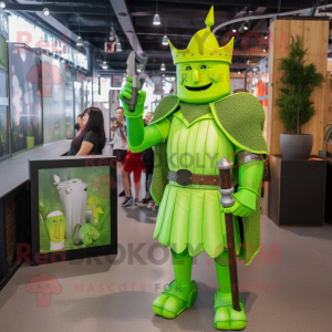 Lime Green Medieval Knight mascot costume character dressed with a Mini Skirt and Keychains