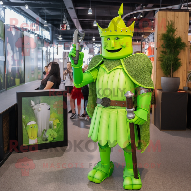 Lime Green Medieval Knight mascot costume character dressed with a Mini Skirt and Keychains Lime Green Medieval Knight mascot costume character dressed with a Mini Skirt and Keychains