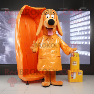 Orange Hot Dogs mascot costume character dressed with a Raincoat and Wallets