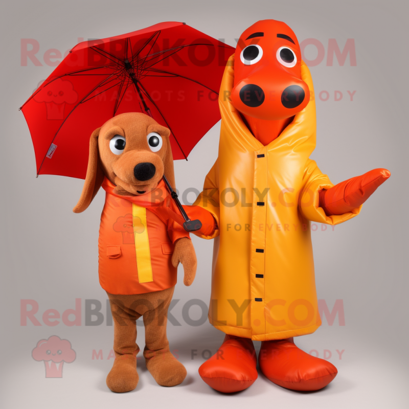 Orange Hot Dogs mascot costume character dressed with a Raincoat and Wallets Orange Hot Dogs mascot costume character dressed with a Raincoat and Wallets