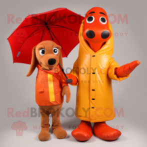 Orange Hot Dogs mascot costume character dressed with a Raincoat and Wallets