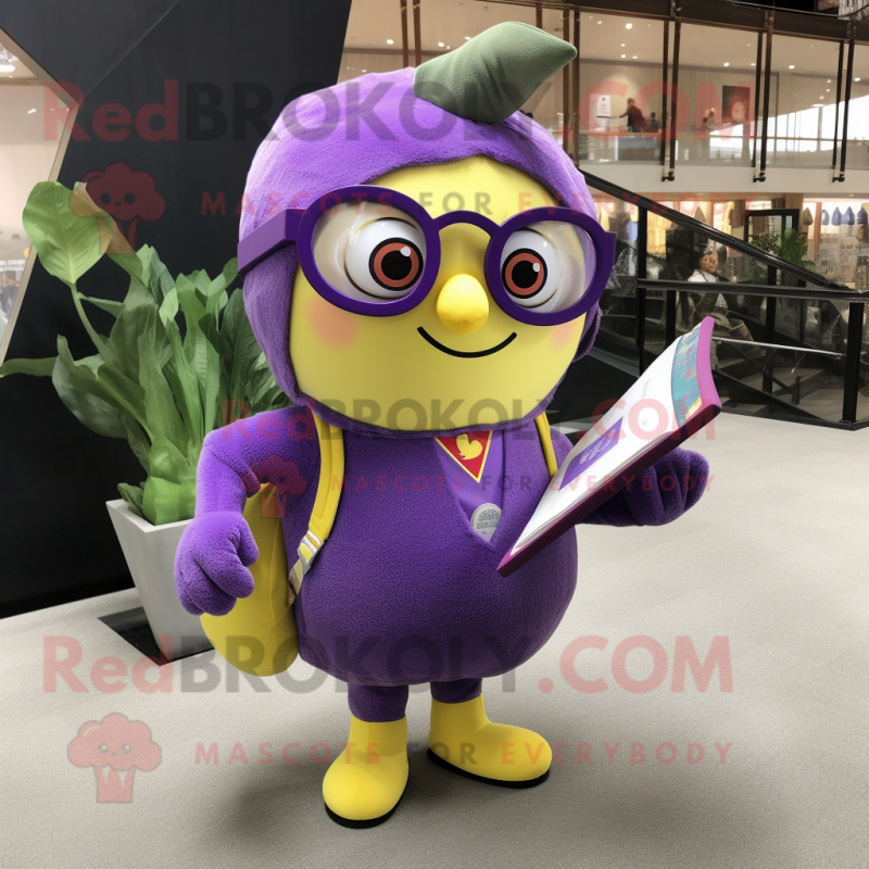 Purple Lemon mascot costume character dressed with a Jeggings and Reading glasses Purple Lemon mascot costume character dressed with a Jeggings and Reading glasses