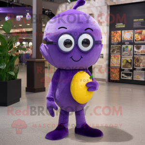 Purple Lemon mascot costume character dressed with a Jeggings and Reading glasses