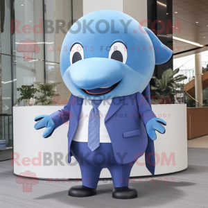 Blue Blue Whale mascot costume character dressed with a Vest and Tie pins