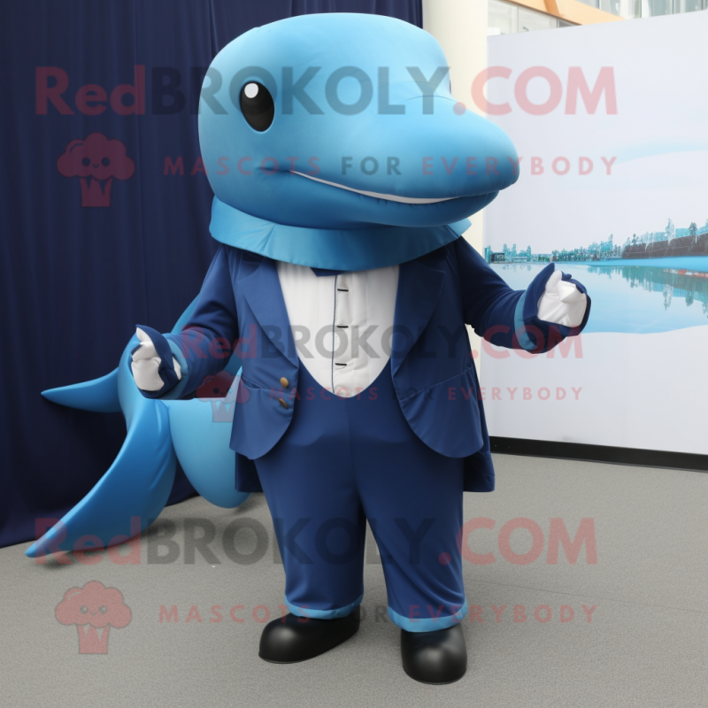 Blue Blue Whale mascot costume character dressed with a Vest and Tie pins Blue Blue Whale mascot costume character dressed with a Vest and Tie pins