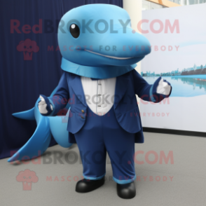 Blue Blue Whale mascot costume character dressed with a Vest and Tie pins