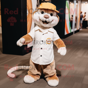 Cream Mongoose mascot costume character dressed with a Henley Tee and Suspenders