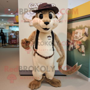 Cream Mongoose mascot costume character dressed with a Henley Tee and Suspenders