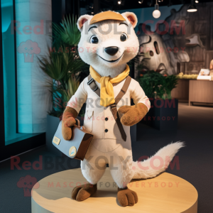 Cream Mongoose mascot costume character dressed with a Henley Tee and Suspenders