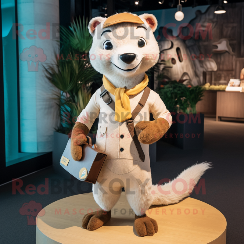 Cream Mongoose mascot costume character dressed with a Henley Tee and Suspenders Cream Mongoose mascot costume character dressed with a Henley Tee and Suspenders