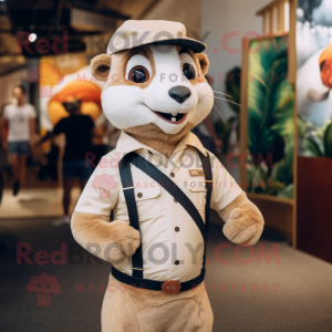 Cream Mongoose mascot costume character dressed with a Henley Tee and Suspenders