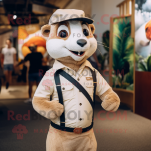 Cream Mongoose mascot costume character dressed with a Henley Tee and Suspenders
