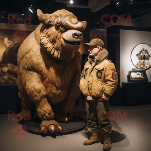Gold Woolly Rhinoceros mascot costume character dressed with a Bomber Jacket and Berets