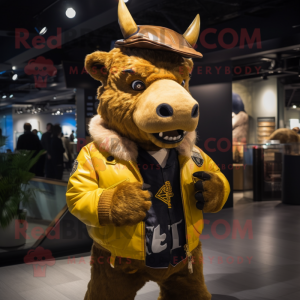 Gold Woolly Rhinoceros mascot costume character dressed with a Bomber Jacket and Berets