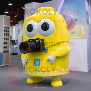 Lemon Yellow Camera mascot costume character dressed with a Shorts and Keychains