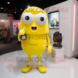 Lemon Yellow Camera mascot costume character dressed with a Shorts and Keychains