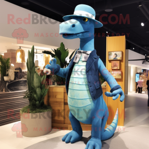 Blue Brachiosaurus mascot costume character dressed with a Cardigan and Hats