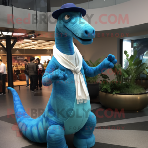 Blue Brachiosaurus mascot costume character dressed with a Cardigan and Hats