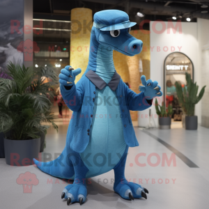 Blue Brachiosaurus mascot costume character dressed with a Cardigan and Hats