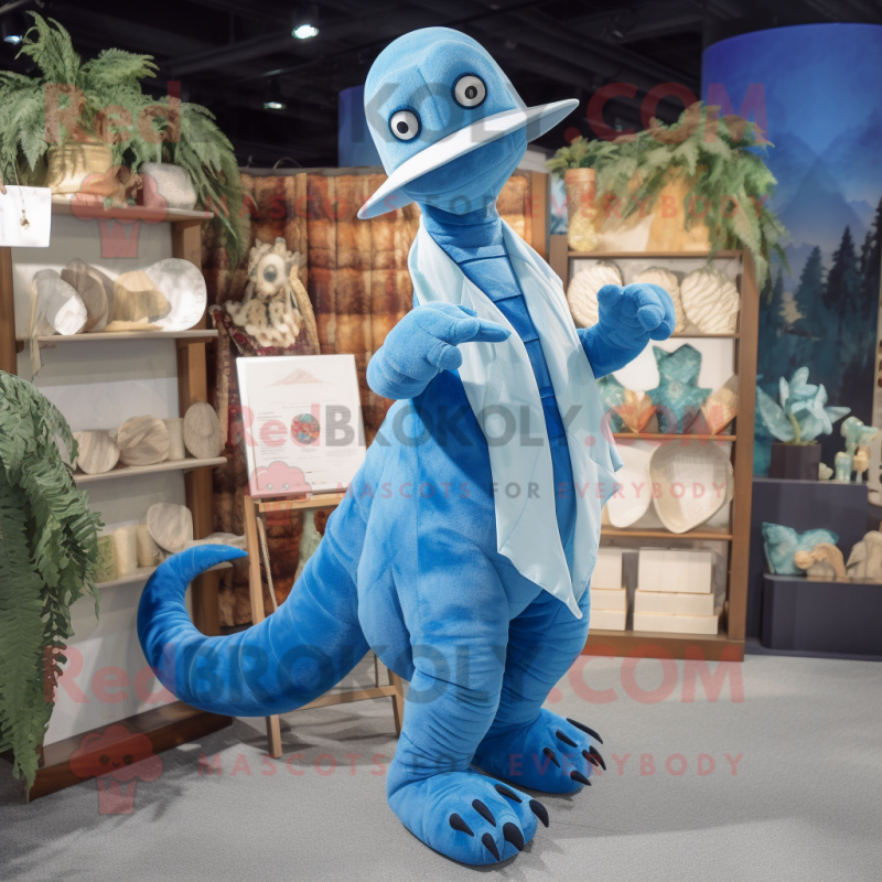 Blue Brachiosaurus mascot costume character dressed with a Cardigan and Hats