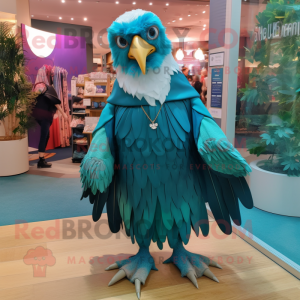 Teal Eagle mascot costume character dressed with a Maxi Skirt and Brooches