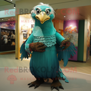 Teal Eagle mascot costume character dressed with a Maxi Skirt and Brooches