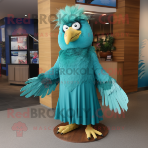 Teal Eagle mascot costume character dressed with a Maxi Skirt and Brooches