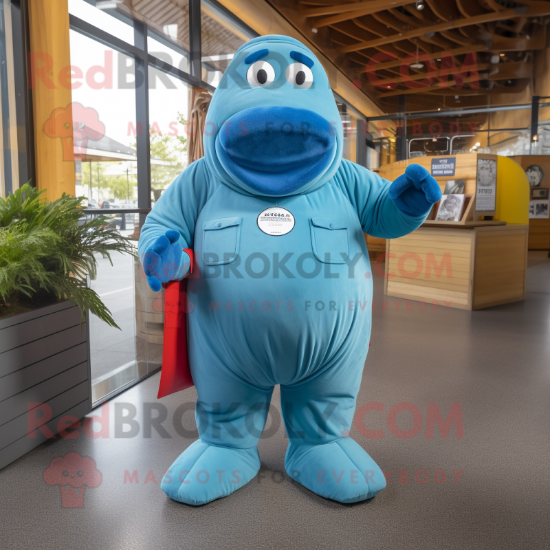 Blue Walrus mascot costume character dressed with a Overalls and Wraps