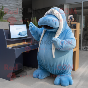 Blue Walrus mascot costume character dressed with a Overalls and Wraps