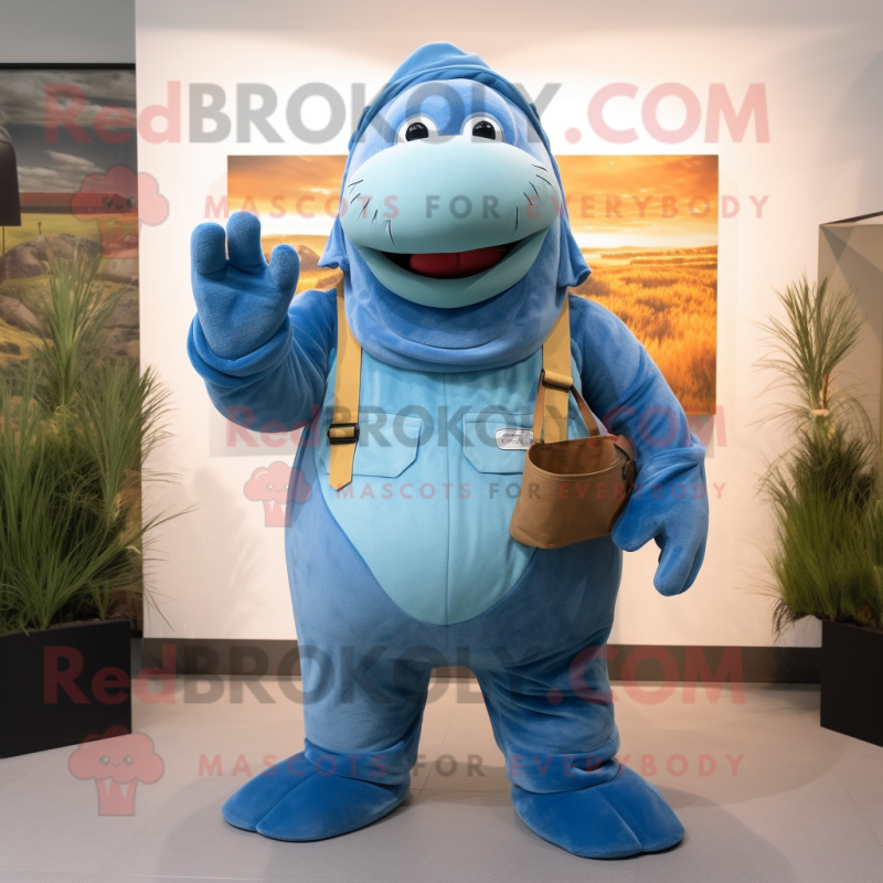 Blue Walrus mascot costume character dressed with a Overalls and Wraps