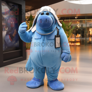 Blue Walrus mascot costume character dressed with a Overalls and Wraps