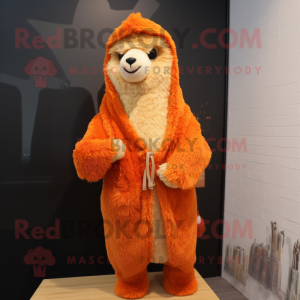 Orange Alpaca mascot costume character dressed with a Hoodie and Shawl pins