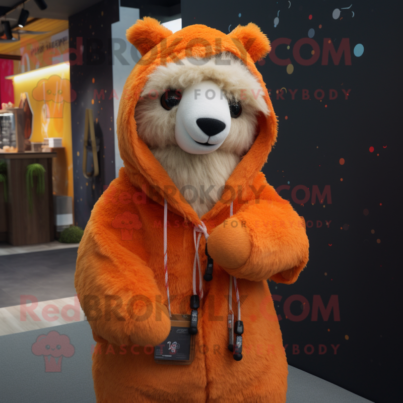 Orange Alpaca mascot costume character dressed with a Hoodie and Shawl pins