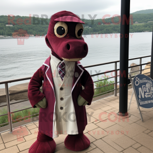 Maroon Loch Ness Monster mascot costume character dressed with a Coat and Pocket squares